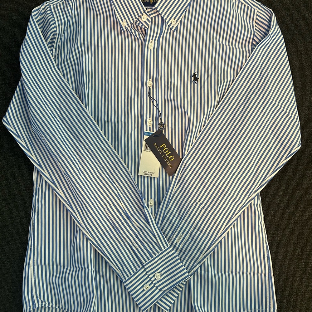 Ralph Lauren Men's Blue and White Striped Dress Shirt